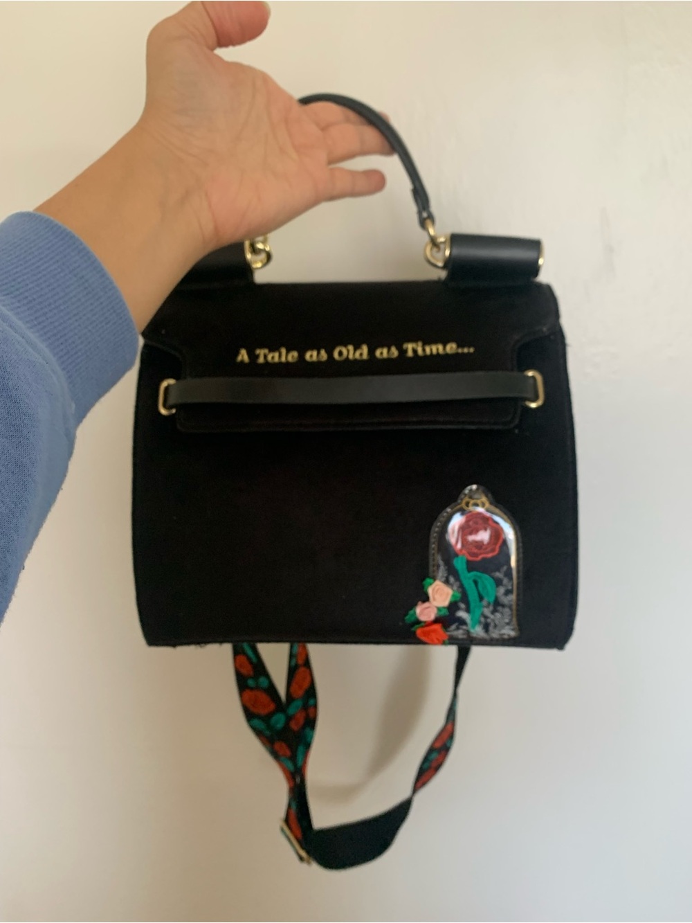 Black Beauty and the Beast Velvet Loungefly Top-Handle Bag with Rose Appliqué